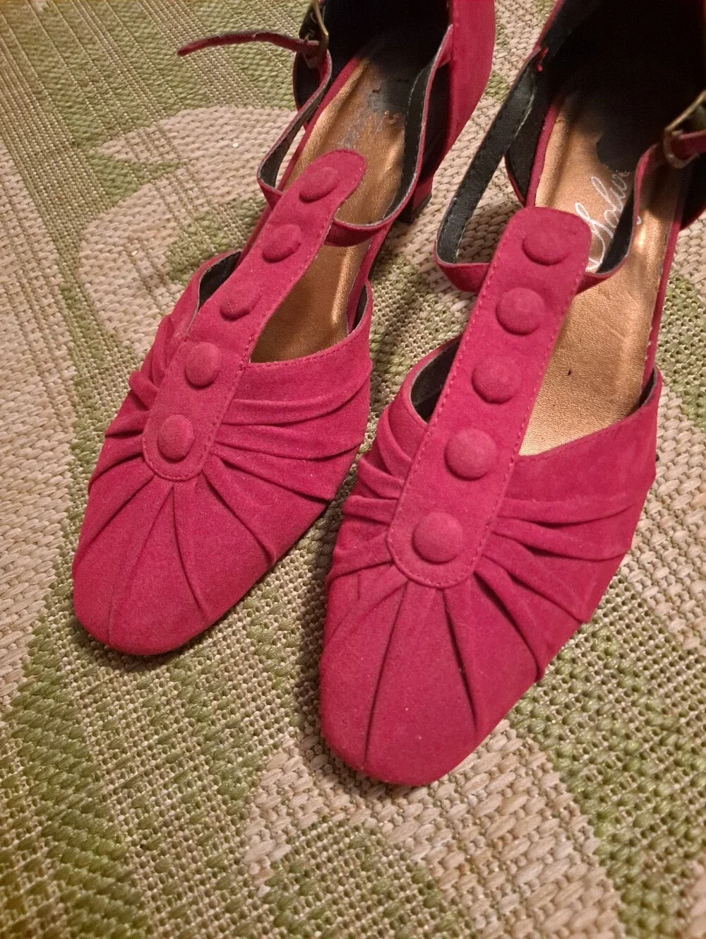 Red Suede T-Strap Heels with Pleated Front and Button Detail